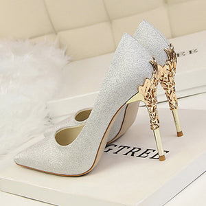 Women's Satin Stilettos Jewel Encrusted Metallic Heels Pointed Toes High Heels - vmlfashion-com