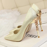 Women's Satin Stilettos Jewel Encrusted Metallic Heels Pointed Toes High Heels - vmlfashion-com