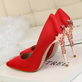 Women's Satin Stilettos Jewel Encrusted Metallic Heels Pointed Toes High Heels - vmlfashion-com