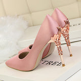 Women's Satin Stilettos Jewel Encrusted Metallic Heels Pointed Toes High Heels - vmlfashion-com