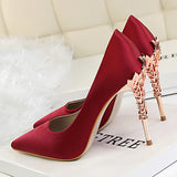 Women's Satin Stilettos Jewel Encrusted Metallic Heels Pointed Toes High Heels - vmlfashion-com