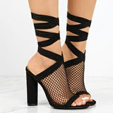 Women's Heel Sandal Fishnet Webbed Open Toe Style with Strap - vmlfashion-com