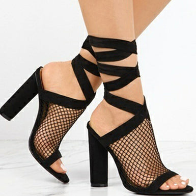 Women's Heel Sandal Fishnet Webbed Open Toe Style with Strap - vmlfashion-com