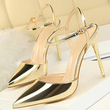 Women's Leather Stilettos Pointed Toes Double Straps - vmlfashion-com