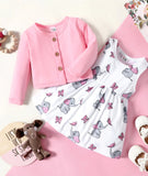 2pcs Baby Girl Pink Long-sleeve Cardigan with Cartoon Elephant and Butterfly Print Sleeveless Dress Set