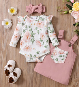 3pcs Baby Floral Print Ruffle Long-sleeve Romper Head Band And Pink Overall  Set