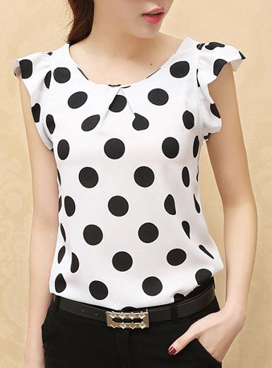 Ruffled Sleeved Top White and Black Polka Dots Round Neckline - vmlfashion-com