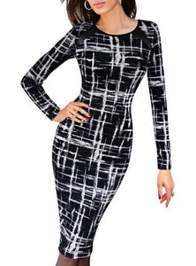 Women-Pencil-Bodycon-Dress-Knee-Length-White-Black-Long-Sleeve-Dress - vmlfashion-com