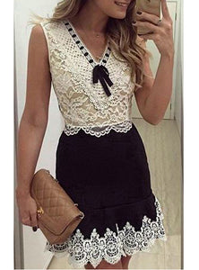 Women White Black Dress Floral Pattern  Sheer Back Sleeveless - vmlfashion-com