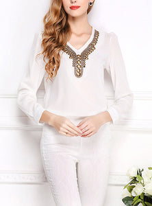 Women's white Long Sleeve Beaded V Neck Top - vmlfashion-com