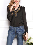 Women's white Long Sleeve Beaded V Neck Top - vmlfashion-com