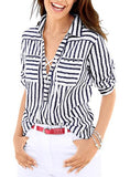 Women's Black and White Striped Low V Neck Top - vmlfashion-com