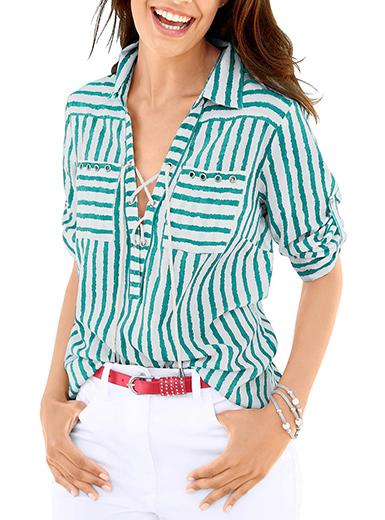 Women's Black and White Striped Low V Neck Top - vmlfashion-com