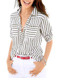 Women's Black and White Striped Low V Neck Top - vmlfashion-com