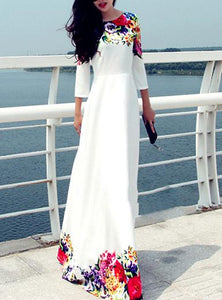 Women's Maxi White Long Sleeve Rounded Neckline Dress - vmlfashion-com