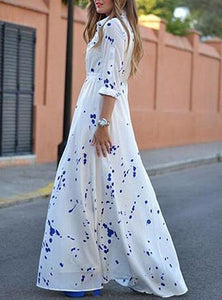 Women-Length-Sleeves-White-Blue-Splatters-Dress - vmlfashion-com