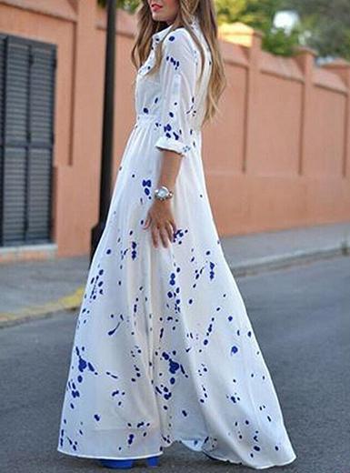 Women-Length-Sleeves-White-Blue-Splatters-Dress - vmlfashion-com