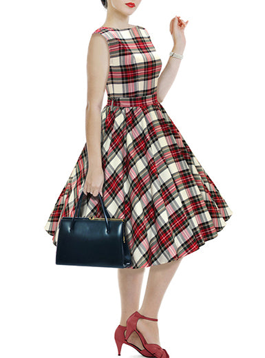 Midi Dress - Red White Plaid Sleeveless - vmlfashion-com