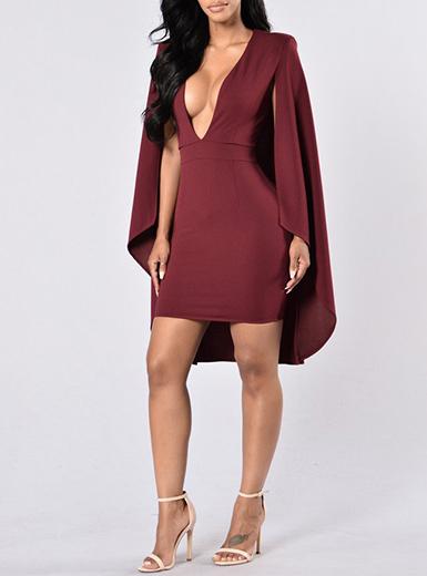 Women's Cape Effect Mini Deep V Neckline High Shoulder Dress - vmlfashion-com