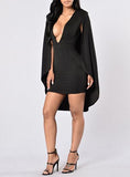 Women's Cape Effect Mini Deep V Neckline High Shoulder Dress - vmlfashion-com