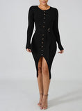 Women's Button Front Knit Long Sleeves front Slit Dress - vmlfashion-com