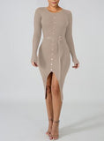 Women's Button Front Knit Long Sleeves front Slit Dress - vmlfashion-com