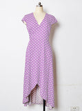 Dress Side Slit Wrap Style Skirt  Polka Dot Capped Sleeved - vmlfashion-com