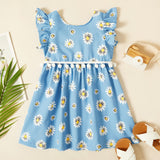 Toddler Girl Bowknot Pompom Decor Flutter-sleeve Dress