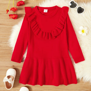 Trendy Toddler Girl Ruffled Long-sleeve Solid Dress