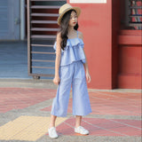 backless chiffon ruffle striped sets age for 4 - 16 yrs teenage girls summer clothes vest blouse+pants 2 pcs sets school outfits - vmlfashion-com