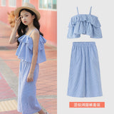 backless chiffon ruffle striped sets age for 4 - 16 yrs teenage girls summer clothes vest blouse+pants 2 pcs sets school outfits - vmlfashion-com