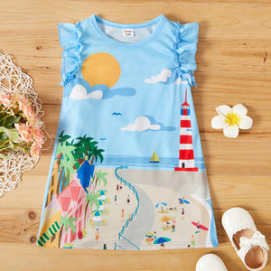 Toddler Girl Sun Cloud Bird Beach Lighthouse Print