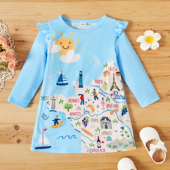 Toddler Girl Sun Cloud Boat Beach Print Dress