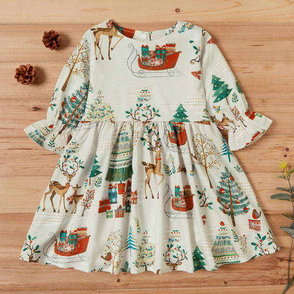 Baby / Toddler Vintage Christmas Reindeer Print Long-sleeve Dress