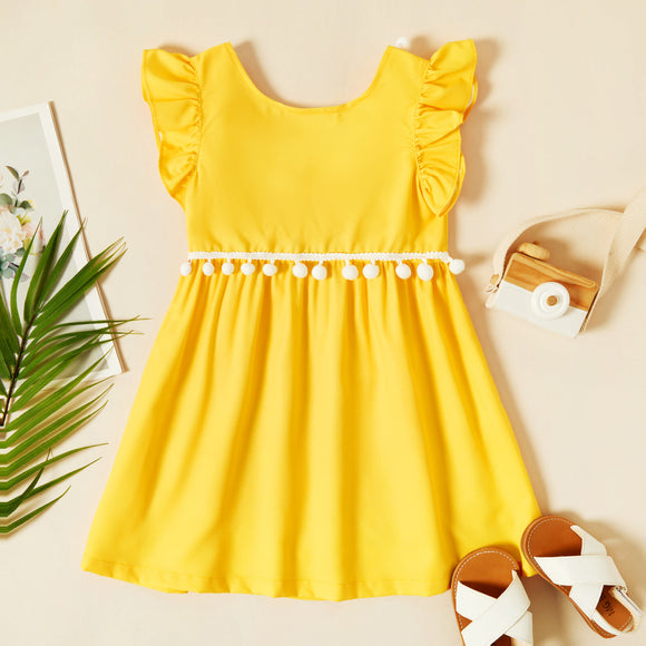 Toddler Girl Bowknot Pompom Decor Flutter-sleeve Dress